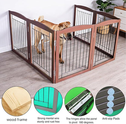 ZJSF Freestanding Foldable Dog Gate for House Extra Wide Wooden Brown Puppy Gate Stairs Dog Gates Doorways Tall Pet Gate 32 "Height 6 Panels Pet Fence