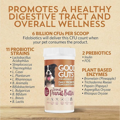 Fidobiotics Good Guts for Medium Mutts Probiotic for Dogs, 6 Billion CFUs, 11 Strains, 5 Digestive Enzymes, 2 Prebiotics, Digestive Gut Health for Dogs, Adult & Puppy Probiotics Supplements, Pack of 2