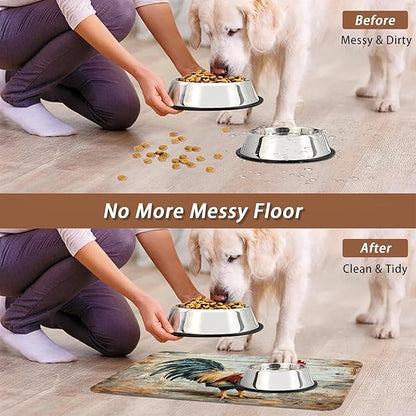 Rooster Dog Food Mat for Floors,Vintage Wood Panel Absorbent Quick-Dry Pet Feeding Mat,Cat Dog Bowl Mats for Food and Water,Non-Slip Pet Accessories Supplies 16"x24"