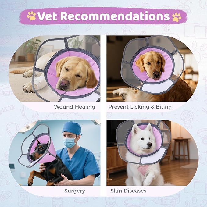 Soft Dog Cone Collar After Surgery Recovery,Adjustable E-Collar with Removable Shield,Lightweight,Breathable Anti-Licking Protective Cone for Large,Medium,Small Pets (Rose Pink, XL (Neck:17''-22''))