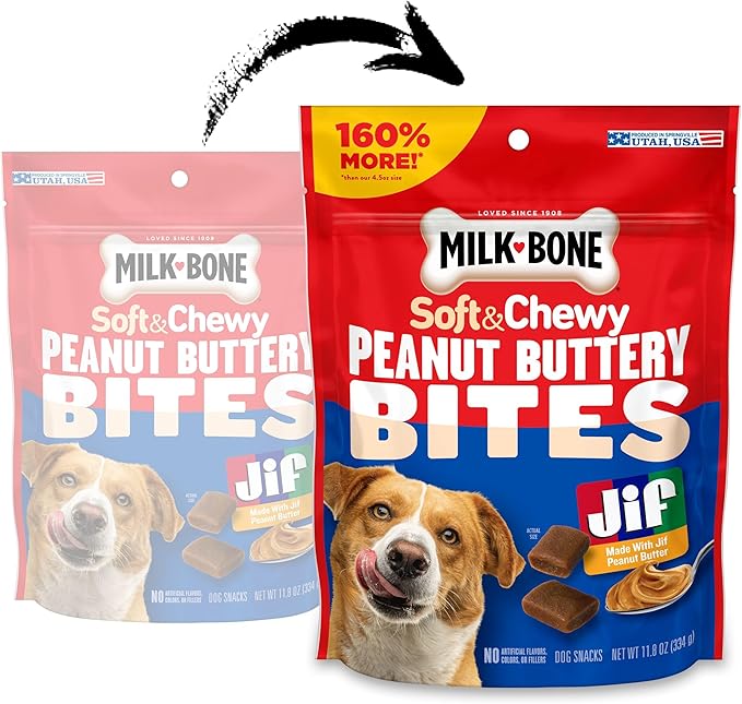 Milk-Bone Peanut Buttery Bites, Soft Dog Treats with Jif Peanut Butter & Real Bacon, 11.8 Oz. Bags