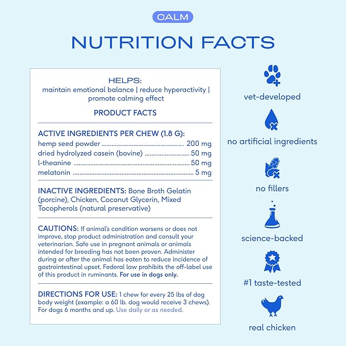 Native Pet Calming Chews for Dogs XL Breed - Promotes Calming Effect, Supports Emotional Balance & Reduces Hyperactivity - Hemp Seed, Melatonin for Dogs, L-Theanine & Casein - 30 Days Supply