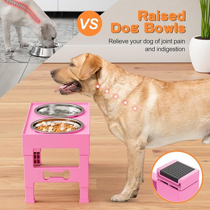 Elevated Dog Bowls with 2 Stainless Steel Bowls, 5-Height Adjustable Stand (3.1", 9" to 12"), for Improved Digestion & Neck Support, Easy Clean, Non-Slip Base Raised Feeder for Medium Large Dogs