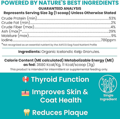 Sea Kelp Powder for Dogs - Thyroid, Dental & Plaque Support, Skin & Coat - Chew + Heal Labs Iodine-Rich 4 oz Kelp Supplement, Digestion & Immune, Seaweed Meal Topper with 5cc Spoon, Made in USA
