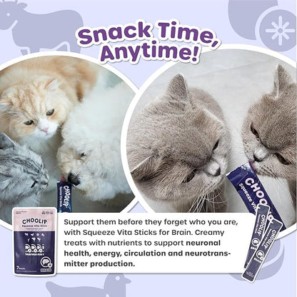 Choolip Squeeze Vita Stick Brain Support Lickable Cat and Dog Treats, 7-Count – Beef and Chicken Soft Puree with DHA, CoQ10 & Vitamin E, Vet-Formulated