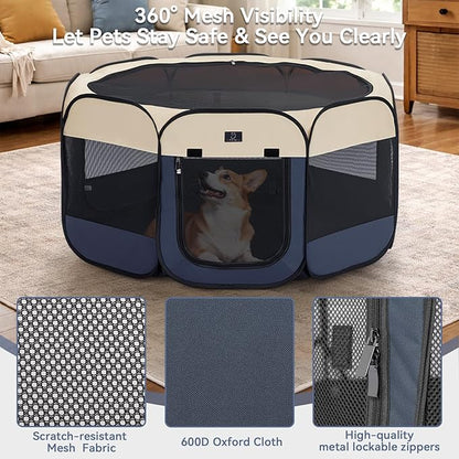 Dog Playpen for Small Dogs & Puppies, 40.55" Portable Indoor Outdoor Puppy Playpen with Bowl, Waterproof Floor, Foldable Pop-Up Pet Pen for Home, Travel & Daily Use