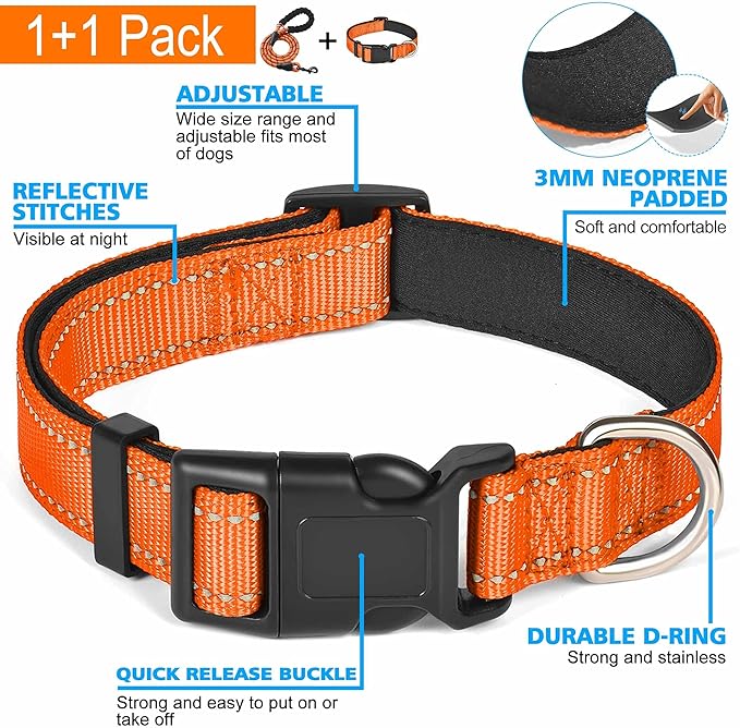Ladoogo Reflective Dog Collar Padded with Soft Neoprene Breathable Adjustable Nylon Dog Collars for Small Medium Large Dogs (X-Small (Pack of 1), Orange Collar+Leash)