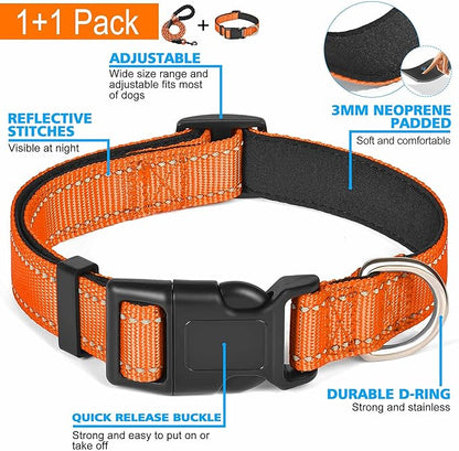 Ladoogo Reflective Dog Collar Padded with Soft Neoprene Breathable Adjustable Nylon Dog Collars for Small Medium Large Dogs (X-Small (Pack of 1), Orange Collar+Leash)