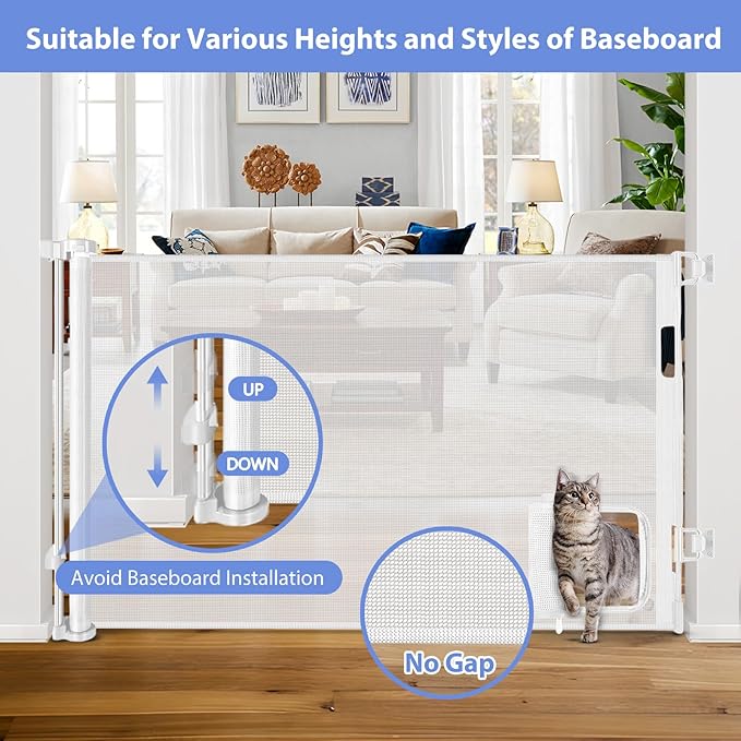 Retractable Baby Gates with Cat Door 80" Wide Retractable Dog Gate with Pet Door Outdoor Retractable Gate for Dogs Retractable Pet Gate with Door Mesh Baby Gate Retractable Mesh Dog Gate (White)