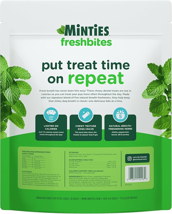 Minties FreshBites Soft and Chewy Dental Treats, Low Calorie Natural Mint Flavored Dental Chews for Dogs, 100 Count, Dog Chews Clean Teeth, Fight Bad Breath, Removes Plaque and Tartar