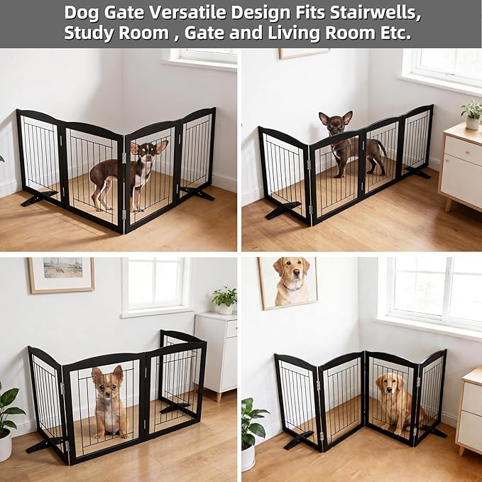 ZJSF Freestanding Dog Fence Indoor, Foldable Dog Gate for Doorways, Stairs or Hallways, Sturdy Wood Extra Wide Pet Gate with Support Feet for The House, Black, 32 "Height-4 Panels