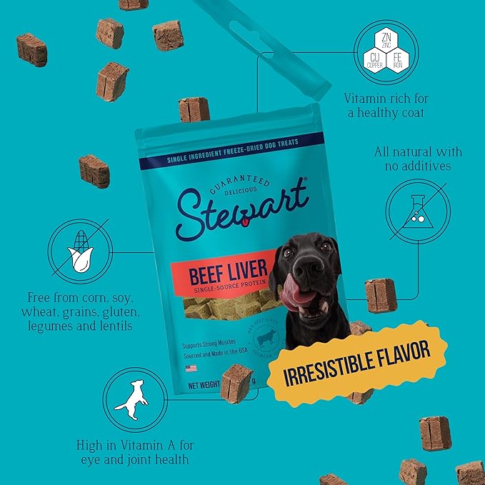 Stewart 100% Beef Liver Dog Treats, 3.5 oz Pouch, ~75 Pieces, Freeze Dried Raw, Single Ingredient, 50% Protein Training Treats or Meal Topper, Grain Free, Gluten Free