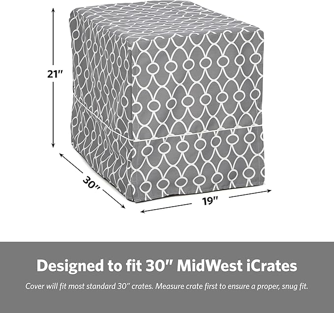 MidWest Homes for Pets Medium Dog Crate Cover with Teflon Fabric Protector, Poly-Cotton Privacy Kennel Cover Fits Most 30-inch Crates, Gray Designer Print, Washable, Reduces Barking