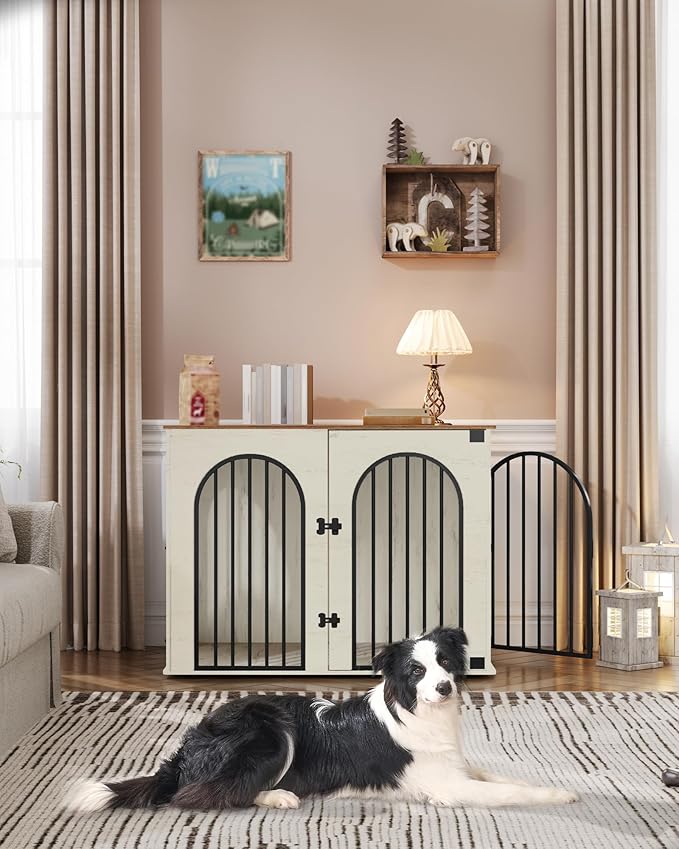 Hzuaneri 44.1" Wooden Dog Crate Furniture, Indoor Dog Kennel Dogs Cage for Small/Medium/Large Dogs, Heavy Duty Dog Crates Decorative Pet House End Side Table TV Stand, White Brown DFC83914B