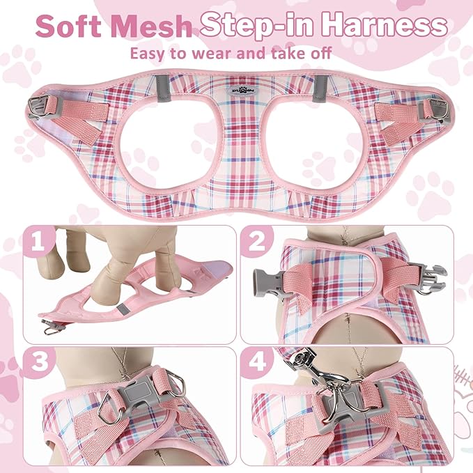 Gyuzh No Pull Dog Harness - 3-in-1 Step in Harness Collar Leash Set for Small Dog Walking & Training, Easy Walk Style, Lightweight Plaid Vest (Pink, M)