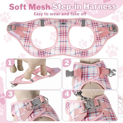 Gyuzh Small Dog Harness and Leash Set for Puppy & Kitten - 3-in-1 No Pull Step in Vest Collar, Lightweight Reflective Plaid, Padded Handle (Pink, XS)