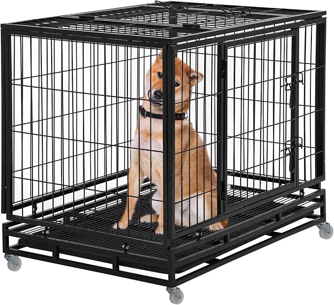 Dog Crate Dog Cage Dog Kennel for Large Dogs Heavy Duty 42 Inches Pet Playpen for Training Indoor Outdoor with Plastic Tray Double Doors & Locks Design