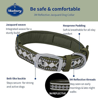 Blueberry Pet Reflective Jacquard Dog Collar with Neoprene Padding & Metal Buckle | Soft & Adjustable Safety Collar - Olive, Neck 9-12.5", for Small Breed