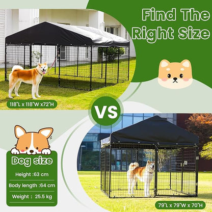 Petony Large Outdoor Dog Enclosure,Heavy Duty Dog Cage with Roof,Galvanized Steel Dog Kennel Fence with Double Safety Locks(6.56'x 6.56')