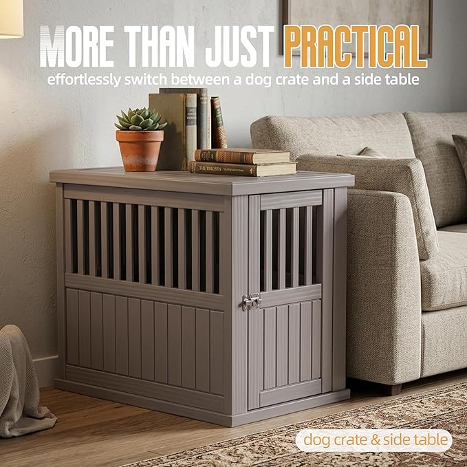 30 INCH Small Dog Crate Furniture, Lockable Indoor Dog Kennel Heavy Duty Decorative Plastic Pet Cage End Table for Small/Medium Dogs, Gray