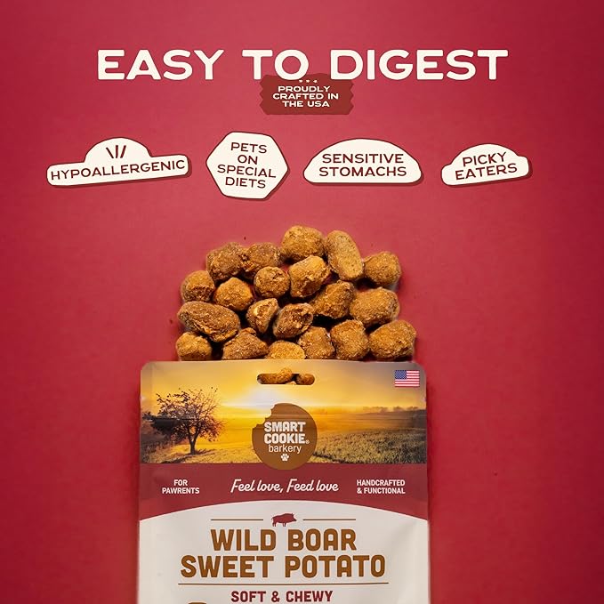 Smart Cookie All Natural Dog Treats - Wild Boar & Sweet Potato - Training Treats for Dogs with Allergies, Sensitive Stomachs - Soft Dog Treats, Chewy, Grain Free, Human-Grade, Made in USA - 5oz Bag