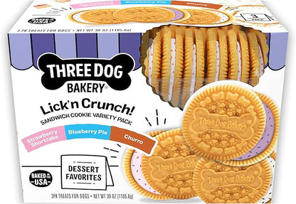 Three Dog Bakery Lick’n Crunch! Dessert Favorites Dog Treats Variety Pack, Crunchy Sandwich Dog Cookies with Churro, Blueberry Pie & Strawberry Shortcake Cream Fillings, 13 oz