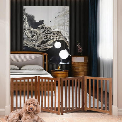 LZRS 4-Panel Wooden Free Standing Foldable Dog Gate Indoor – 24" High, Extra Wide Step-Over Safety Pet Gate for Doorways, Stairs, Hallways, Large Spaces & Playpen for Puppies Indoor Use, Oak