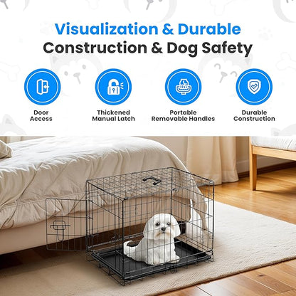 HealSmart 30" Single Door Pet Crate, Sturdy Foldable Metal Wire Dog Cage with Leak-Proof Tray, Portable Indoor & Outdoor Pet Kennel for Travel and Home Use
