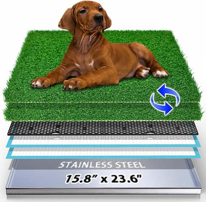 Dog Grass Pad with Stainless Steel Tray - 23.6"x15.8" Dog Potty Indoor Outdoor - Odor-Free 4-Layer Drainage System with Durable & Strong Metal Tray - Artificial Grass Turf for Small Medium