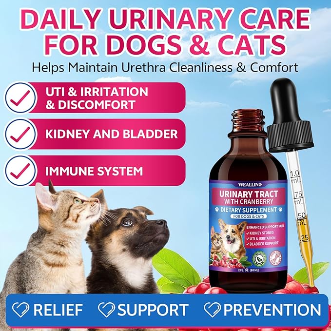 WEALLIN Cat & Dog Natural Urinary Tract Infection Treatment with Cranberry, Kidney, and Bladder Support Supplement, Support for Urinary Comfort & Bladder Flow – Pet Renal Care Support Drops