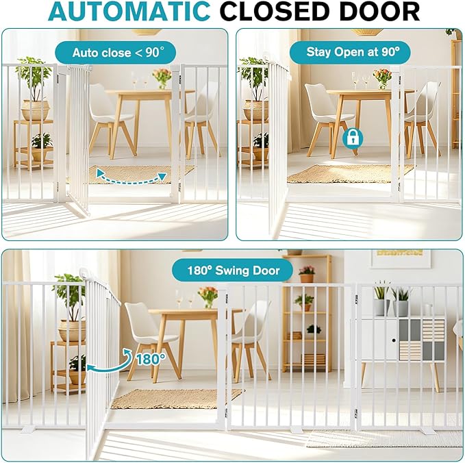 Snagle Paw Extra Wide Dog Gate,Free Standing Dog Fence with Door, Up to 104 Inch Wide Pet Gate with Support Feet for Stairs, Hallways, Doorways, Yard (White, 4 Panels)