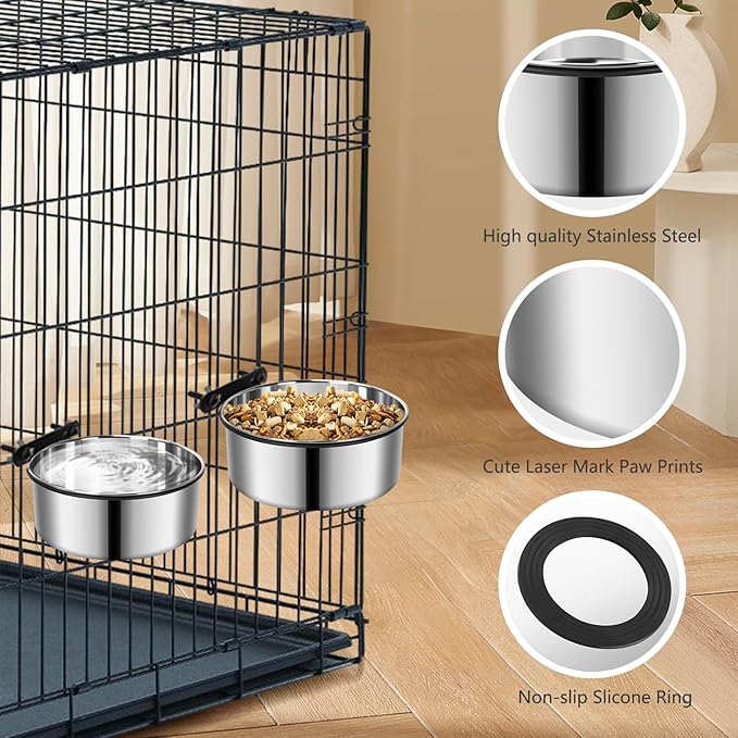 2 Pack Kennel Bowls Mountable,Dog Crate Water Bowl No Spill,Hanging Dog Bowl for Crate Cage,Stainless Steel Dogs Water Feeder Dish for Dogs Cats Bunny Ferret Bird,Silver