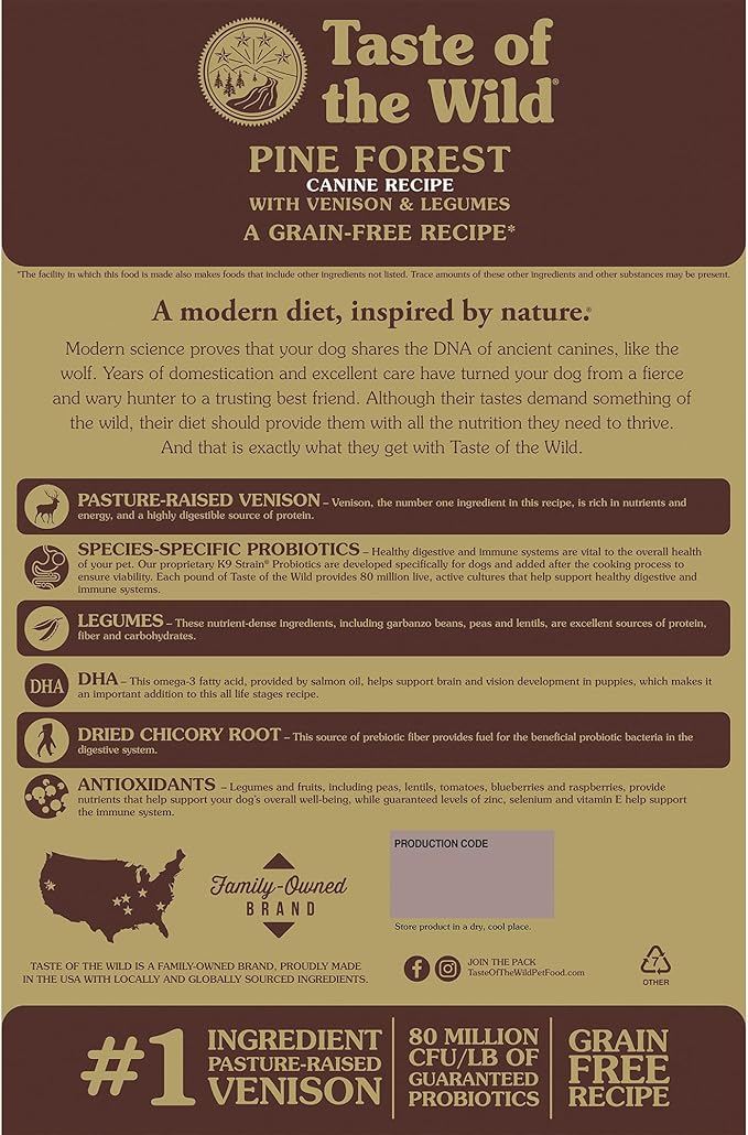 Taste of the Wild Grain Free High Protein Real Meat Recipe Pine Forest Premium Dry Dog Food, Venison, 14 pounds
