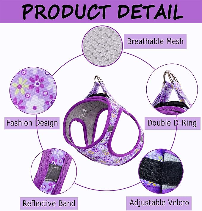 Moonpet Step in Dog Harness Leash Set- All Weather Reflective No-Pull Floral Pattern Padded Mesh Vest Harness for Cats Puppy Extra-Small Small Medium Large Dogs - Purple Flower - XL