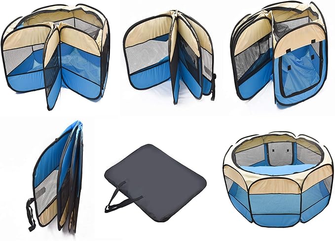 Pet Cat Playpen for Indoor Cats,Puppy Small Dog Cat Tent Crates Cage,Portable Pet Dog Playpen,29x29x16,Blue/Beige,1Pack