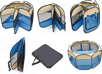 Pet Cat Playpen for Indoor Cats,Puppy Small Dog Cat Tent Crates Cage,Portable Pet Dog Playpen,29x29x16,Blue/Beige,1Pack