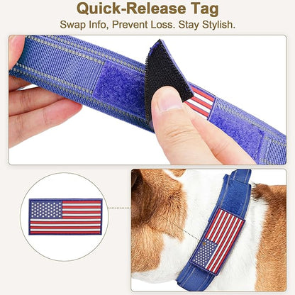 KCUCOP Tactical Dog Collar for Medium & Large Dogs - Military Nylon Heavy Duty Collar with Handle, Reflective Strip & Metal Buckle for Training, Outdoor (Reflective Dark Blue, Medium)