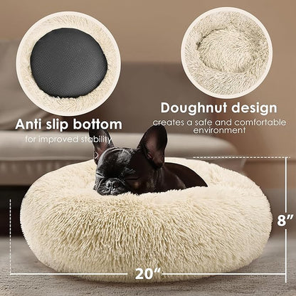 Hoewina Dog & Cat Bed, 20in Cat Beds for Indoor Cats, Calming Donut Bed for Puppy and Kitten, Washable Round Fluffy Pet Bed for Small Medium Dogs and Cats (Light Brown)