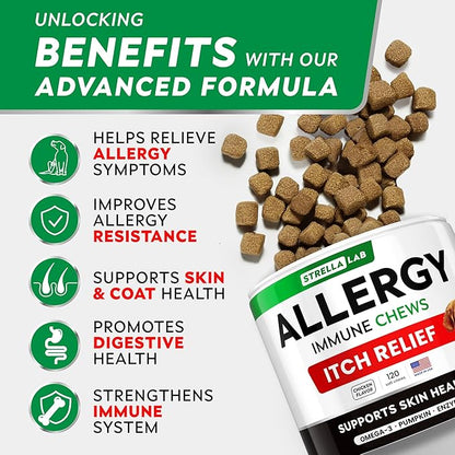 StrellaLab Dog Allergy Relief & Anti Itch Support Chews w/Omega 3: Real Ingredients, Real Taste! Skin & Coat Immune Supplement w/Fish Oil, Pumpkin & Enzymes — Developed by Experts - Made in USA -240Ct