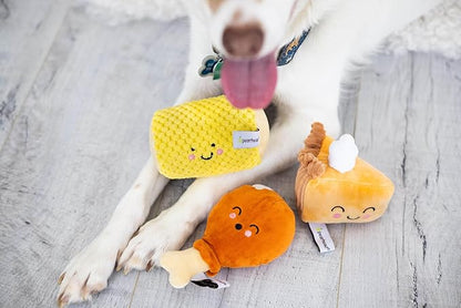 Pearhead Pet Thanksgiving Dinner Dog Toys - Slice of Pumpkin Pie, Turkey Leg, and Corn Cob Plush with Squeakers, Set of 3