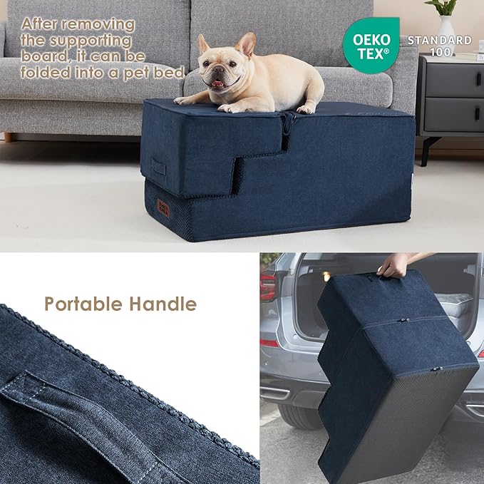EHEYCIGA Dog Stairs for Bed 25" H, 5-Step Extra Wide Dog Steps for High Bed, Pet Steps for Small Dogs and Cats, Non-Slip Balanced Pet Ramp Indoor, Navy Blue