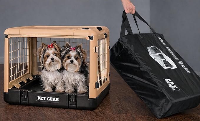Pet Gear “The Other Door” 4 Door Steel Crate for Dogs/Cats with Garage-Style Door, Includes Plush Bed + Travel Bag, No Tools Required, Sand Dune, 27 Inch