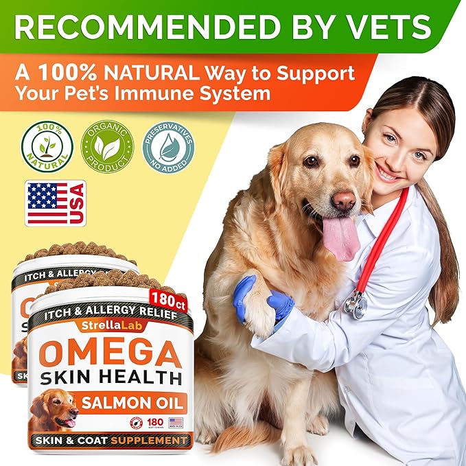 StrellaLab Omega 3 for Dogs - (360Ct) Fish Oil Treats - Allergy & Itch Relief Skin & Coat Supplement - Dry Itchy Skin, Anti Shedding & Hot Spots Treatment - Pet Salmon Oil Chews - Salmon Flavor