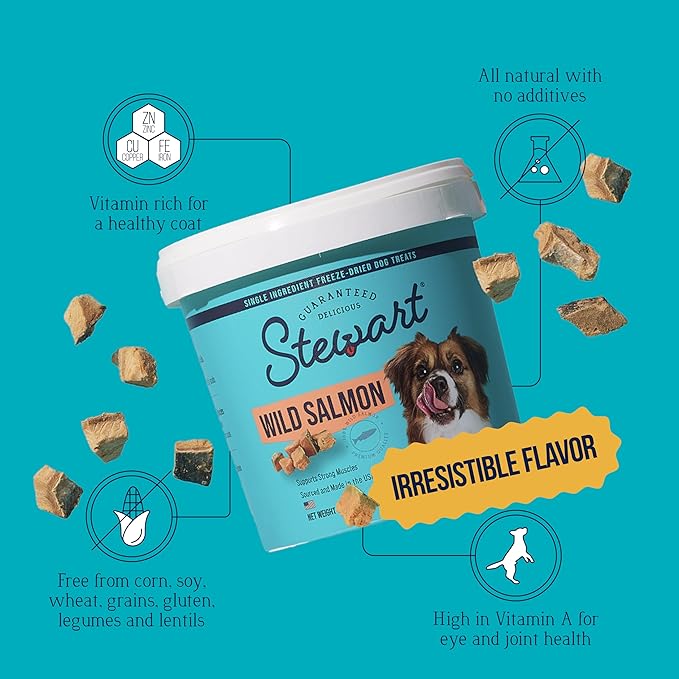 Stewart 100% Wild Salmon Dog Treats, 9.5 oz Tub, ~190 Pieces, Freeze Dried Raw, Single Ingredient, 65% Protein Training Treats or Meal Topper, Grain Free, Gluten Free