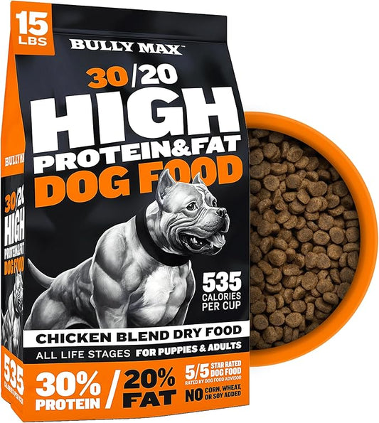 Bully Max Dry Dog Food for Adults & Puppies - High Protein & Fat for Muscle & Weight Gain - High Performance Dog Food Supplements - Small & Large Breed Dogs (535 Calories Per Cup), Chicken, 15lb Bag