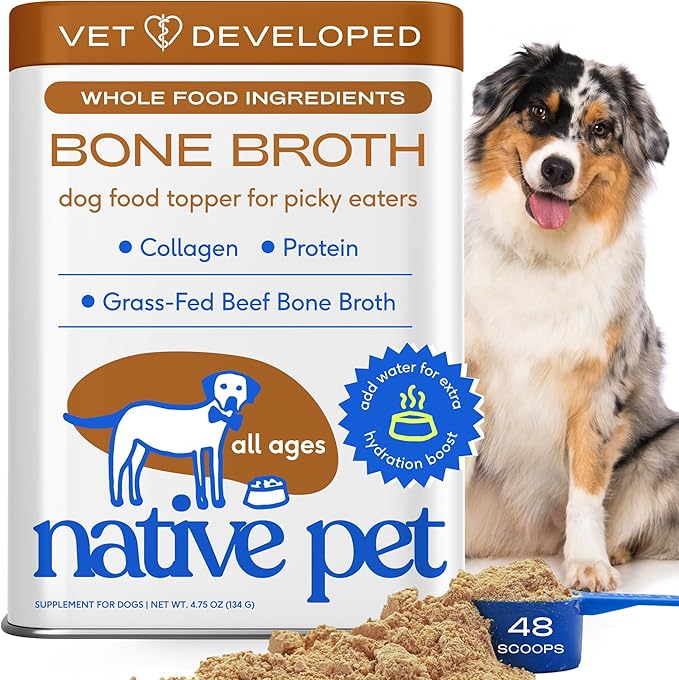 Native Pet Bone Broth for Dogs and Cats - Made with Real Beef Bone Broth, Dog Food Toppers for Picky Eaters - Provides Extra Hydration & Nutrition for Joint Strength, Immunity & Heart Health-96 Scoops