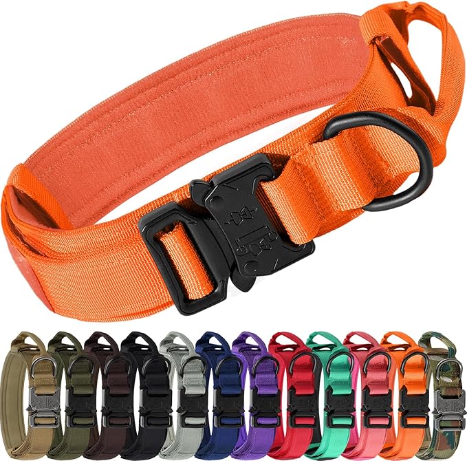 Joytale Tactical Dog Collar with Handle and Metal Buckle, Heavy Duty Padded Military Collar with 2 Patches for Training, Adjustable for XLarge Dogs, Orange, XL