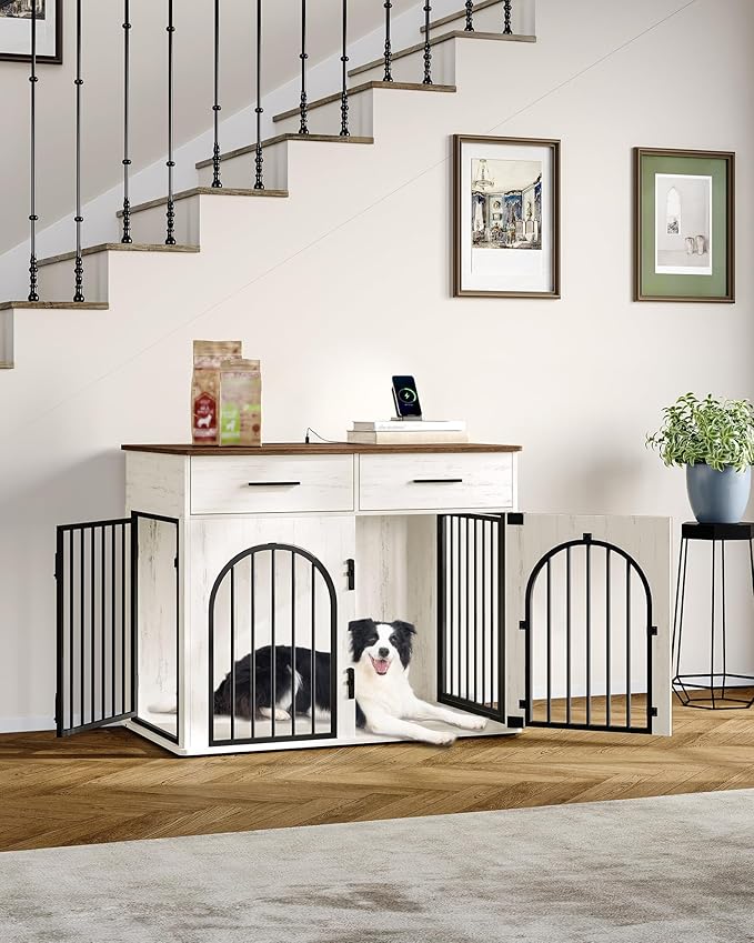 Hzuaneri 39.4'' Large Dog Crate Furniture with 2 Storage Drawers, Heavy Duty Dog Kennel Indoor with Charging Station, Wooden Dog Cage End Table Kennel for Medium/Large Dogs, White Brown DFC84214B