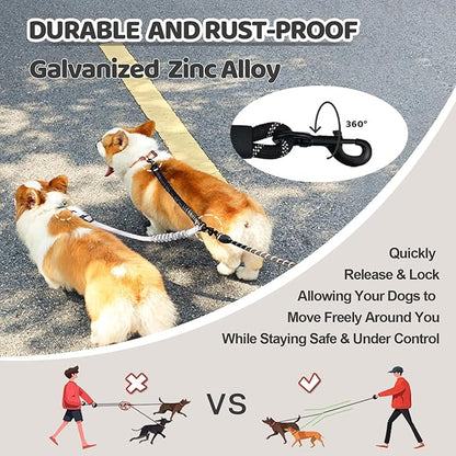 Double Dog Leash - 360°Swivel Tangle Free Splitter Attachment, 2 Dogs Multi-Functional Leashes, Dual Rope for Outdoor Walk Train Small Medium Large Two Pet, Grey