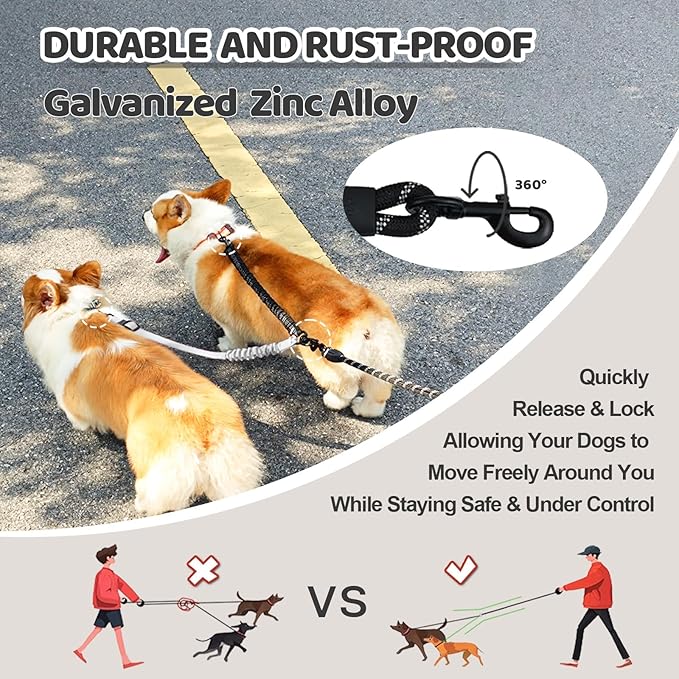 Double Dog Leash - 360°Swivel Tangle Free Splitter Attachment, 1 Rope with Handle, 2 Dogs Multi-Functional Leash, for Outdoor Walk Train Small Medium Large Two Pet, Grey